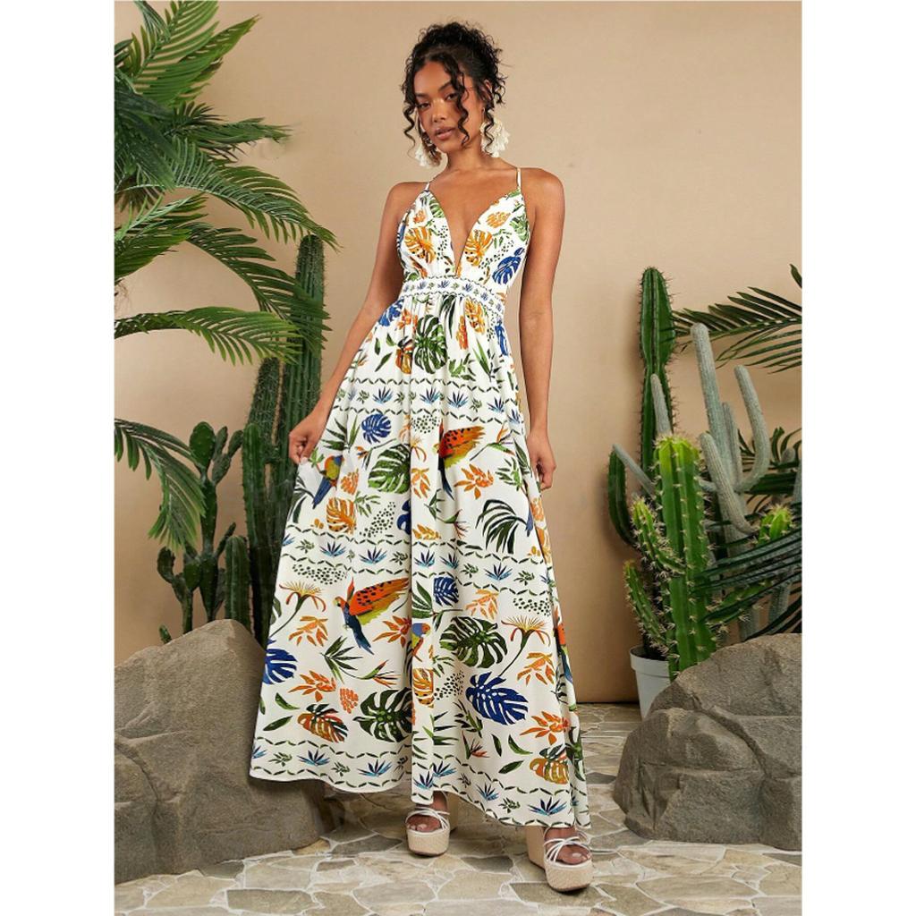 Women's Boho Floral Beach Sundress Sleeveless Summer  Maxi Dress Spaghetti Straps Casual Smocked Flowy A-Line Dress Party Long Dresses for Women