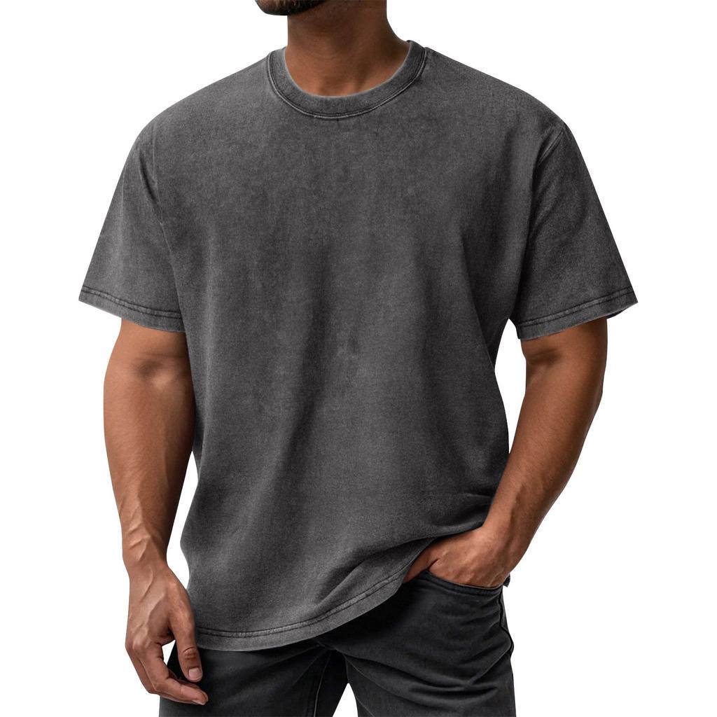 Men's Summer Retro Washed Round Neck Distressed Top Loose Short-sleeved T-shirt