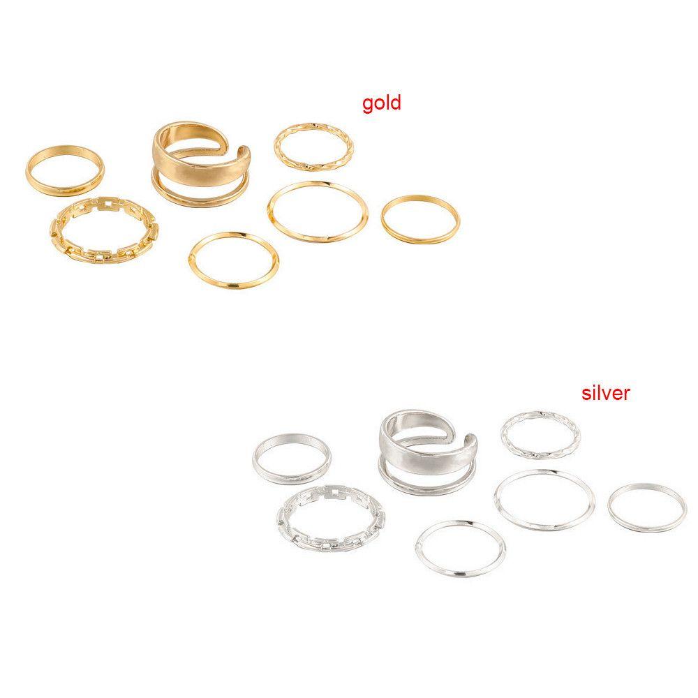7pcs/Set Punk Retro Hollow Round Women Rings Set Finger Ring Opening Alloy