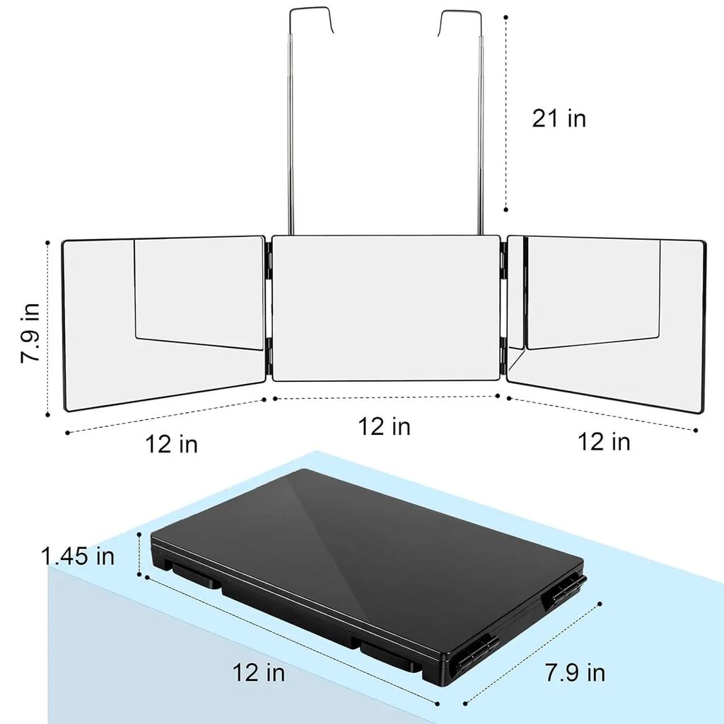 Black Portable 360 Trifold Mirror with Height Adjustable Telescoping Hooks Ideal for Self Hair Cutting Makeup Essential Fordable