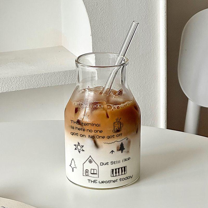 Simple Line Graffiti Glass,650ml Cold Brew Coffee Cup Large Capacity Water Glassware Office Milk Juice Drinkware Christmas Gifts
