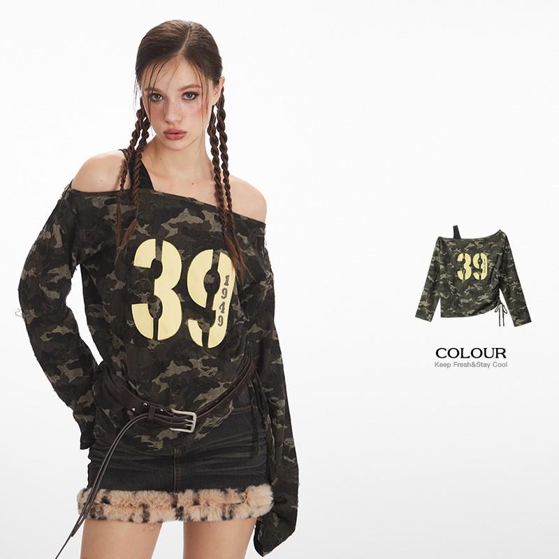 HeyHenry Camo Slash Neck Long Sleeve T-Shirt Women Slim Fit Cropped Top Streetwear