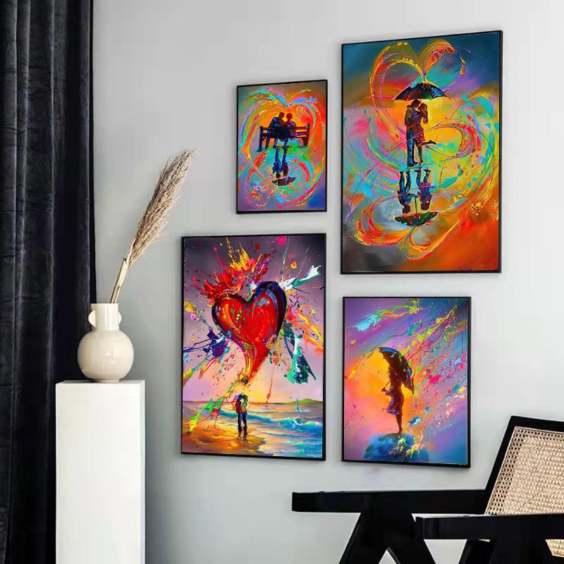 Акварель Радуга Дождь Любители Холста Картины Абстрактные Граффити Искусство Пары Обниматься Настенная Картина для Гостиной Домашний Декор