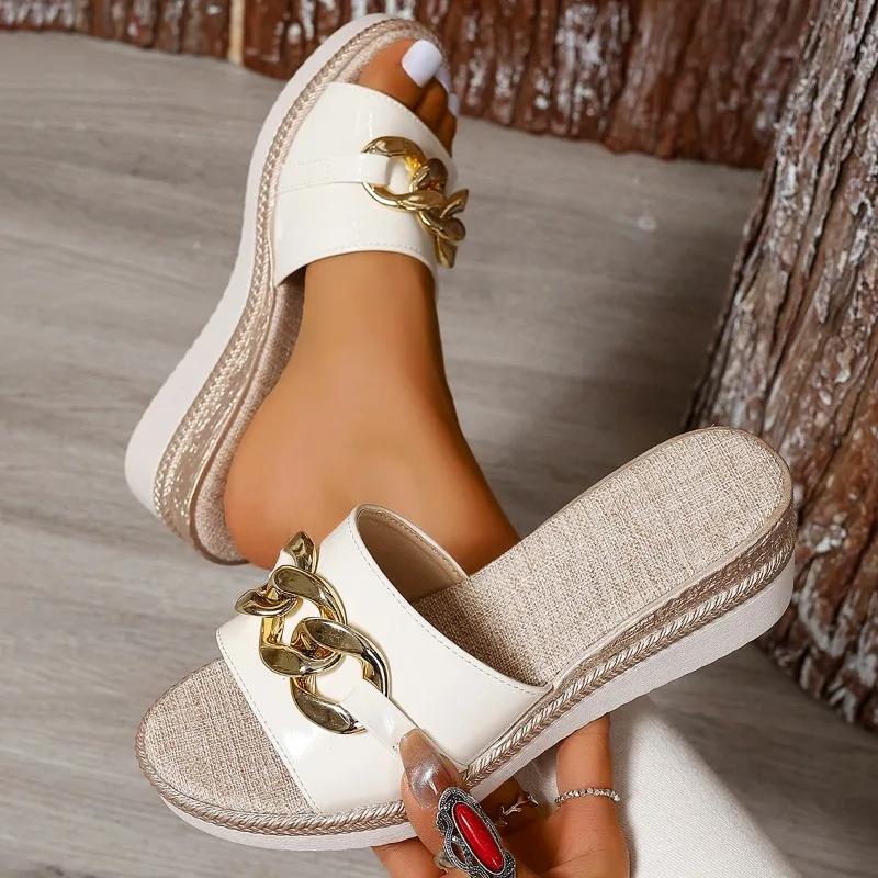 Shoes Female Open Toe Women's Slippers Plus Size Dress Slippers Women Metal Decoration Round Toe Wedges Platform Sandals