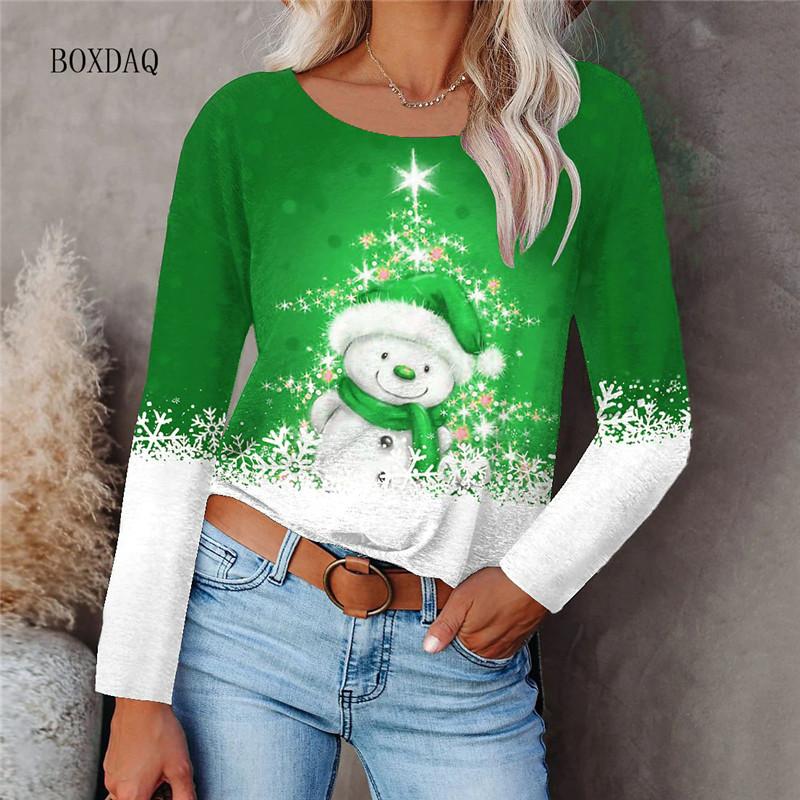 Рождественский стиль женские футболки с длинным рукавом осень-зима уличный 3D рождественский снеговик принт женские футболки 6XL большой размер повседневные топы