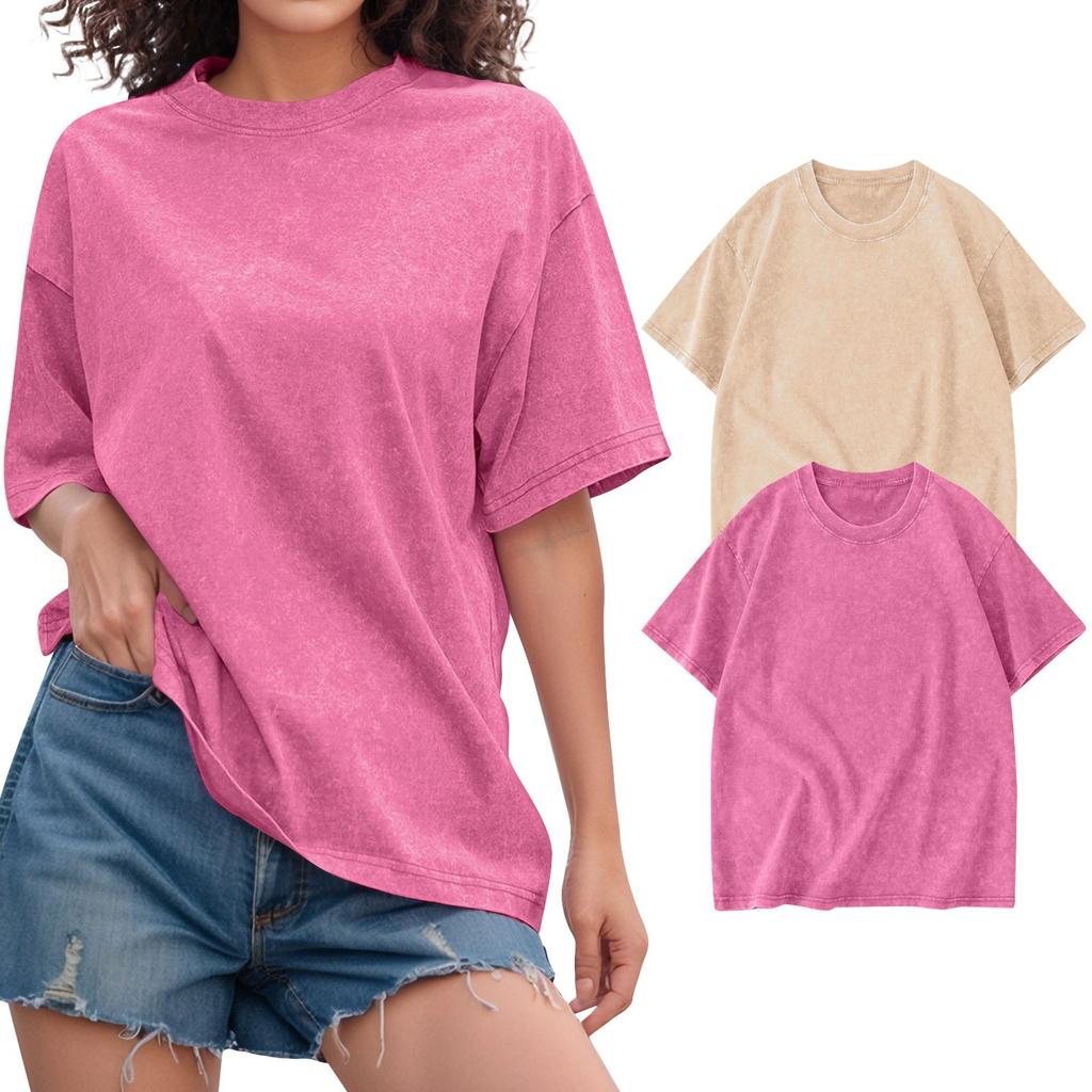 2PC Unisex T-shirt Casual Loose Solid Color Round Neck Pullover Short Sleeve T-shirt Top