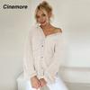 Cinemore Весенне-осенний женский свитер однотонный свободный повседневный открытый карман теплый базовый топ с длинными рукавами и круглым вырезом трикотажная карточка