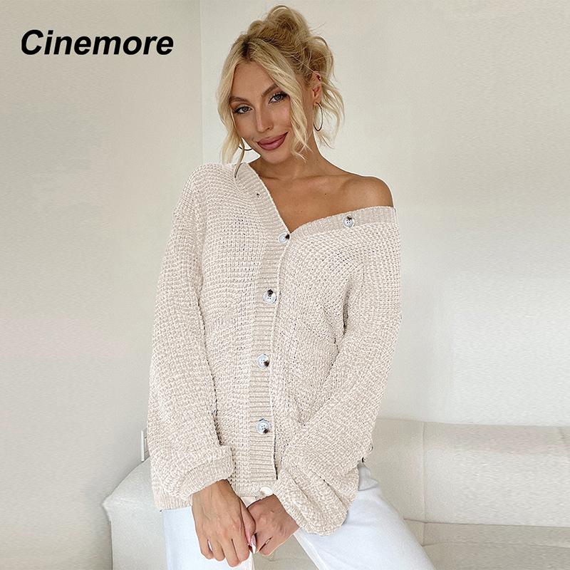 Cinemore Весенне-осенний женский свитер однотонный свободный повседневный открытый карман теплый базовый топ с длинными рукавами и круглым вырезом трикотажная карточка