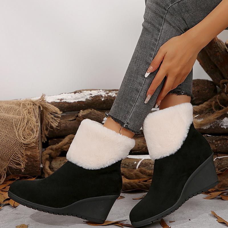 Женские ботильоны на танкетке из искусственного меха с лоскутным узором, на толстой подошве, модные женские ботинки с молнией сзади, короткие, на толстой подошве, Botas Mujer