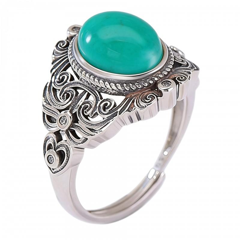 Adjustable Open Ring With Blue Jade Cabochon Vintage Scrollwork Design Men Women