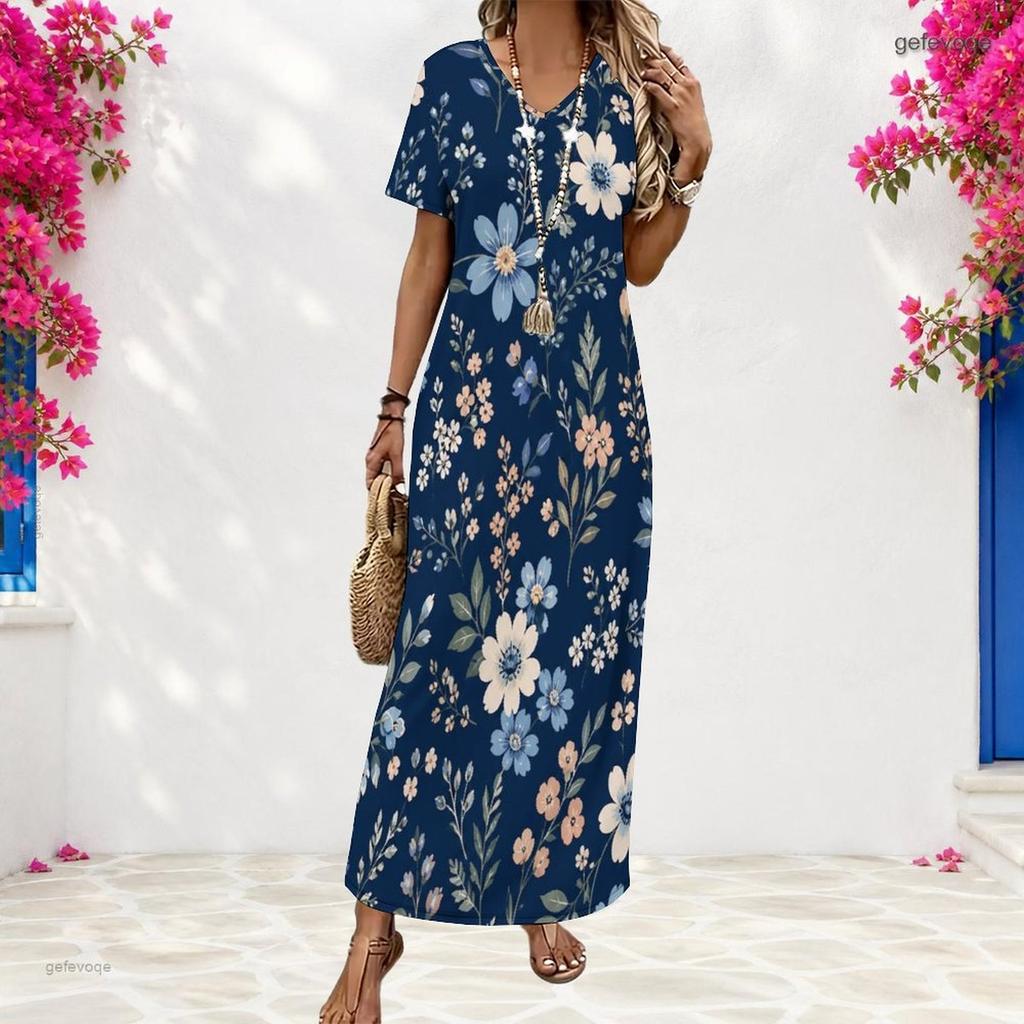 Women Plus Size V Neck Short Sleeve Floral Printed Navy Blue Straight Long Dress