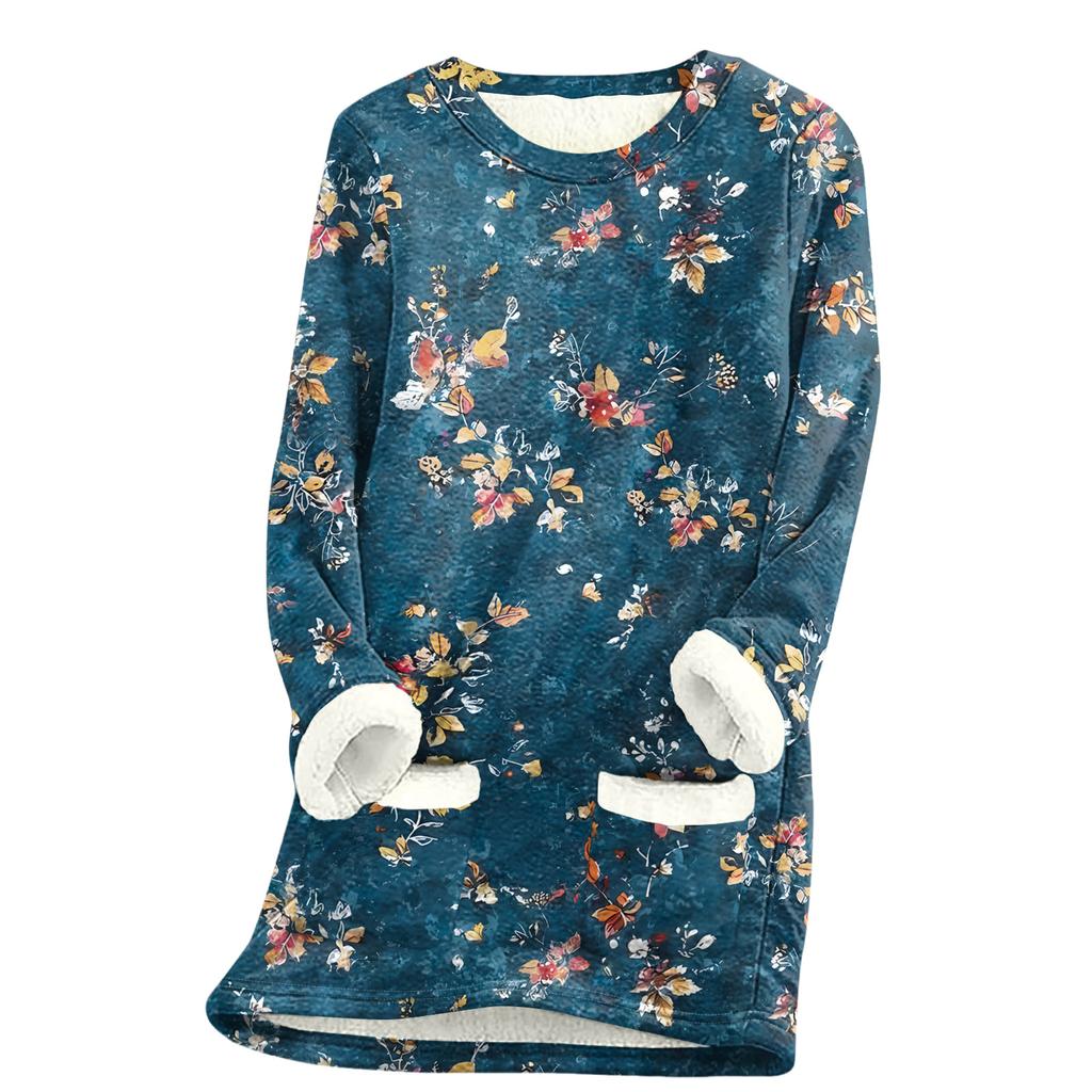 Women's Round Neck Top Printing Thickened Plush Cashmere Warm Long Top