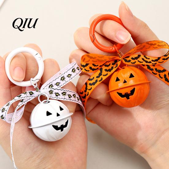 Halloween Backpacks Charm Pumpkin Bell Keychain, Hollow Head Key Ring with Ribbon Bow, for Holiday Party Decoration Keychain