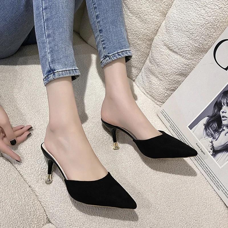 Fashion Shoes for Women Fashion Closed Toe Slingbacks Women's Slippers Spring Pointed Toe Shallow Solid Stilettos or Thin Heels Slippers