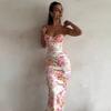 Women Sexy Sling Dress Suspender Style Sleeveless Long Dress Flower Print Backless Hip Wrapped Party Dress