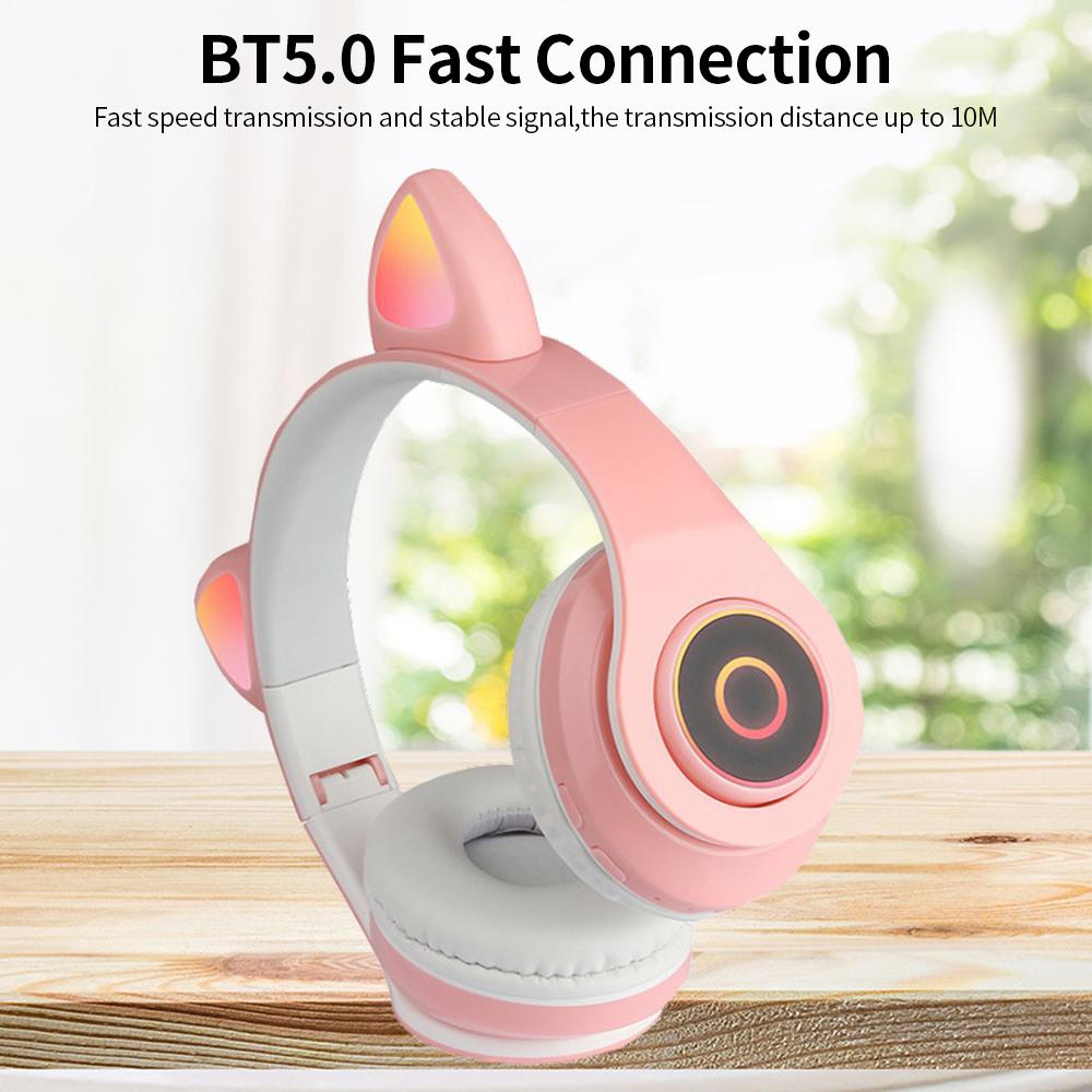 B39 Cute Cat Ear Headset Wireless BT5.0 Foldable Gaming Headphone with Flash RGB Lights Earphone TF