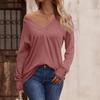 Women's Autumn/Winter Solid Color V-neck Loose Long Sleeved T-shirt Button Top