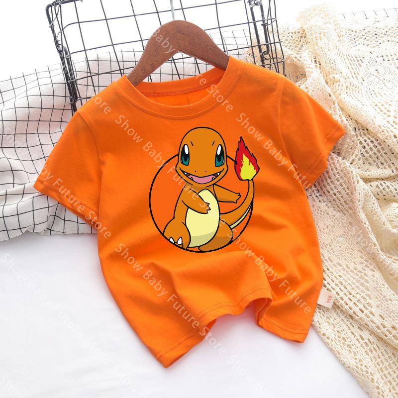 Different Colors Cartoon Cotton T Shirt Cute for Boys Girls Pokemons Pikachus Squirtles Summer Clothes Tops Anime Short Sleeve