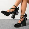 Fashion Vintage Black Chunky Heel Mary Jane Shoes Women Pointed Toe Platform High Heel Pumps Woman Satin Bowknot Ankle Strap Dress Shoes