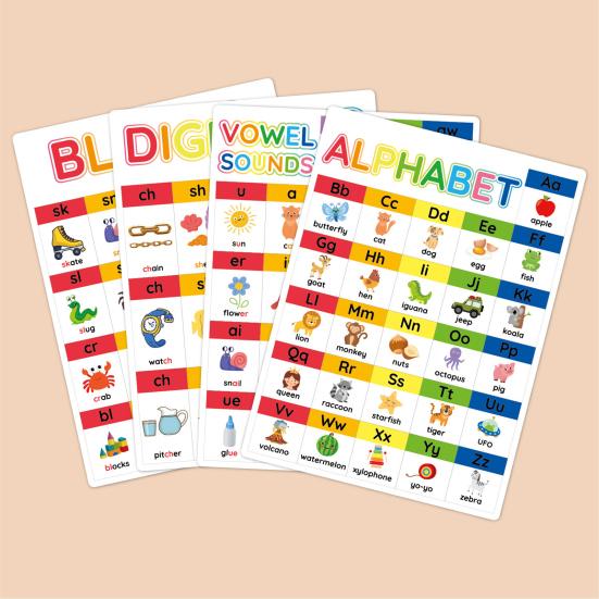 4 шт./набор фонетических алфавитных настенных таблиц для малышей, обучающая таблица ABC, образовательная домашняя школьная классная комната, 26 букв, дошкольный обучающий плакат