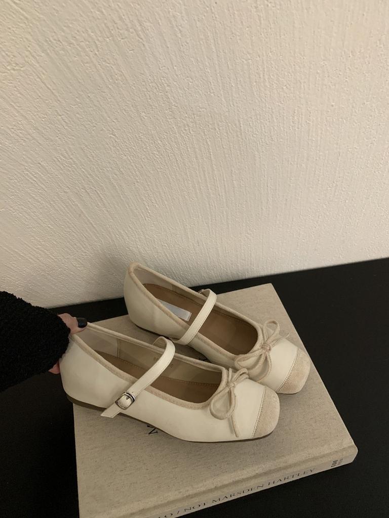Inner Height Increase Mary Jane Shoes Women's Spring 2025 New Bow Square Head Silver Splicing Flat Ballet Shoes