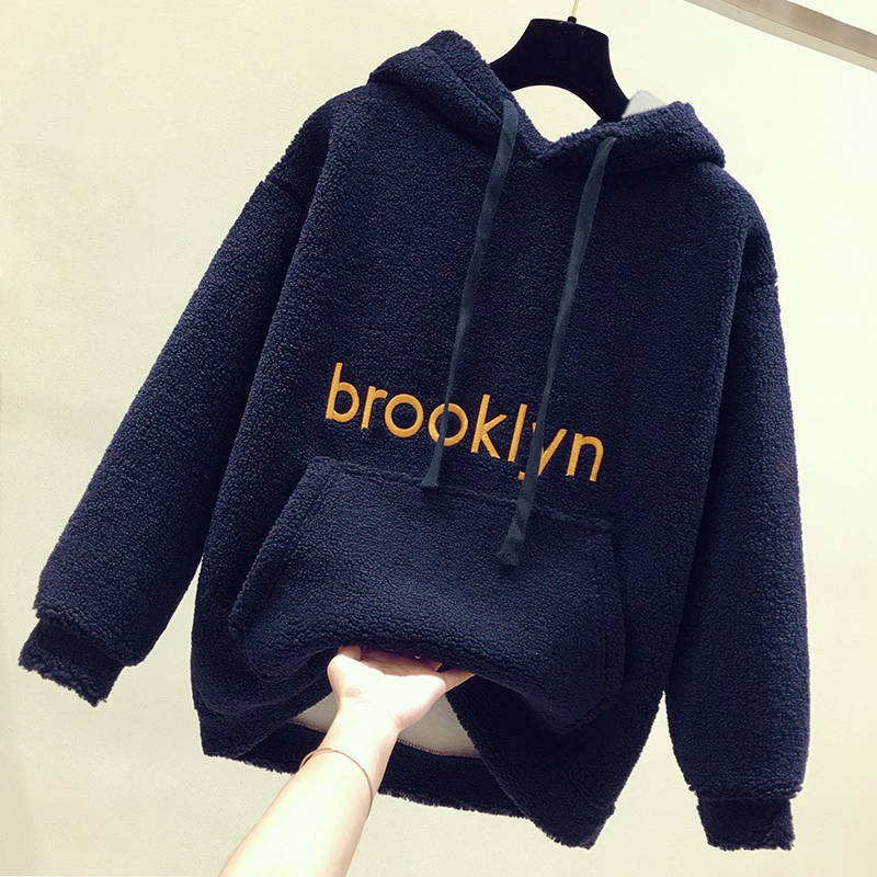 Autumn and Winter Women's Thick Sweatshirt Loose Fleece Top Pocket Casual Pullover