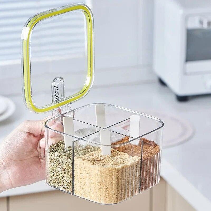 Kitchen Seasoning Box Sealed Moisture-proof Tape Seasoning Box with Four Compartments Press Type Seasoning Tank