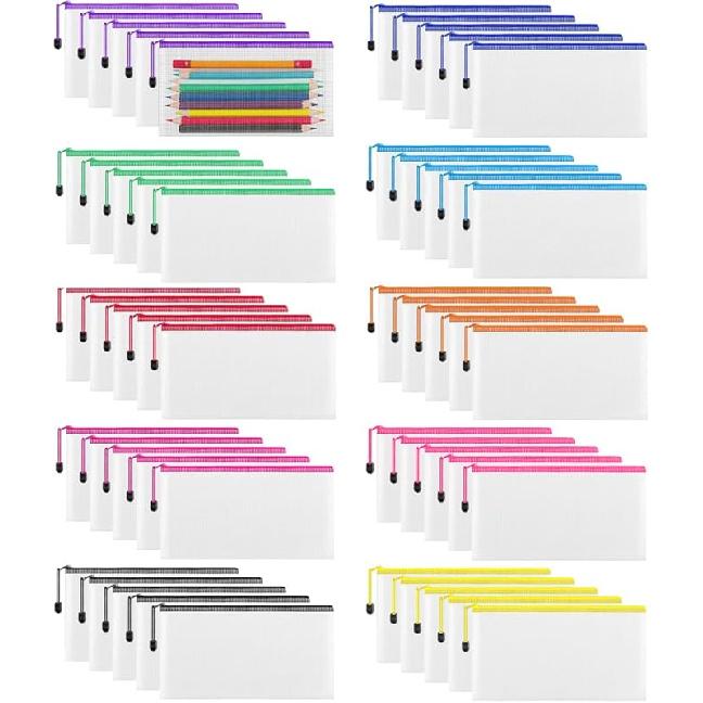 50 Pack Pencil Case Pouch, 9.5'' x 4.5'' Small Clear Mesh Zipper Pencil Pouch Bags Bulk Waterproof Pencil Holder Pouches for Classroom Office File