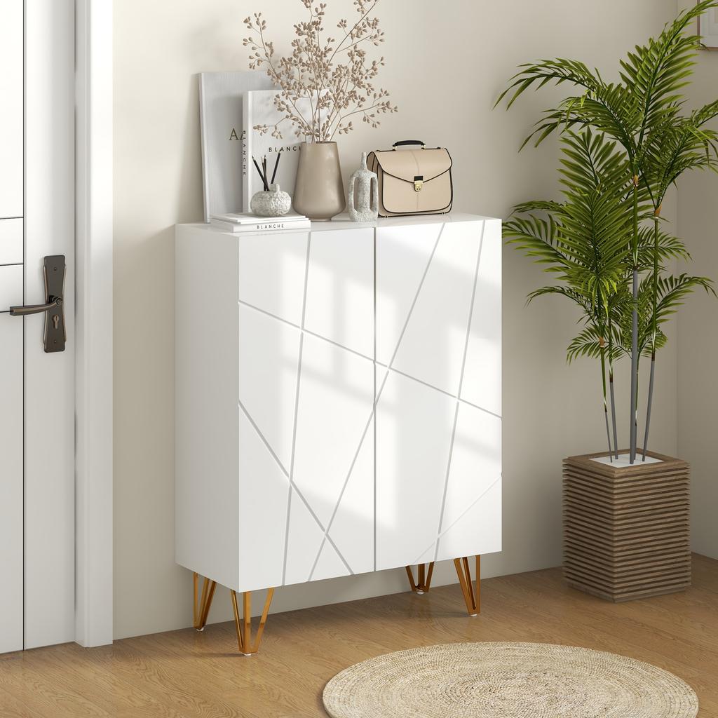 Shoe Storage Unit, 2 Doors, Adjustable Shelves, 72x31.5x95cm, White Lacquered