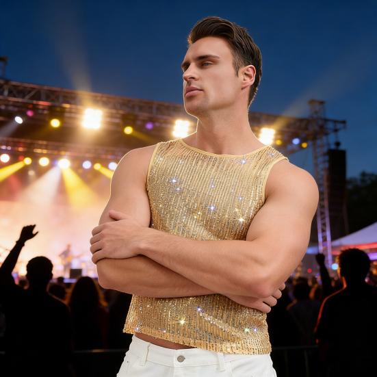 Мужской блестящий жилет со стразами, прозрачная сексуальная майка с круглым вырезом без рукавов для музыкального фестиваля, рейва, ночного клуба, бара, вечеринки