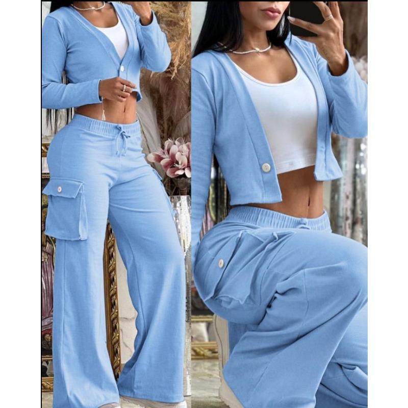 Женская мода весна осень однотонный принт длинный рукав V-образный вырез брюки костюмы повседневный костюм