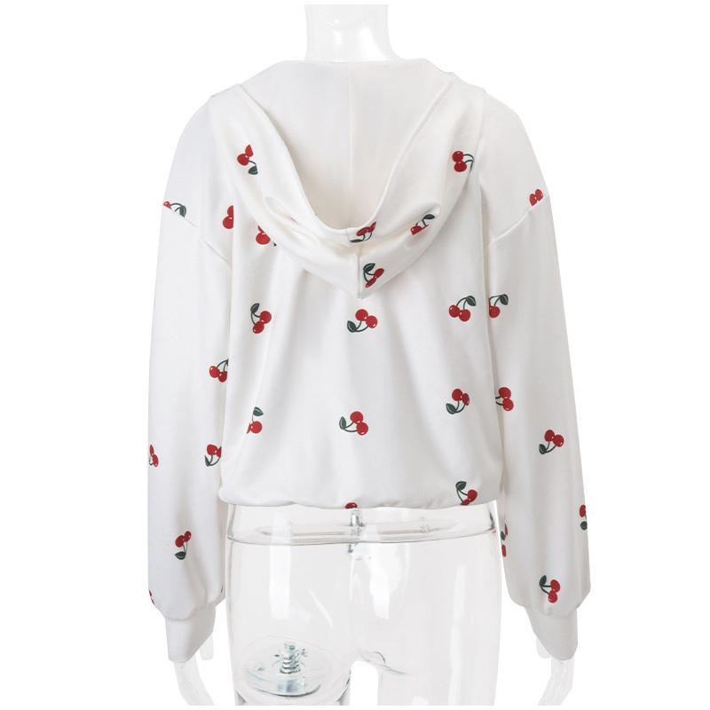 Женская модная белая толстовка с капюшоном с принтом вишни 2025 года, весна, женская свободная уличная толстовка с длинным рукавом и капюшоном на молнии