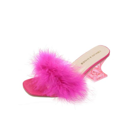 Тапочки Maogu, перья, ПВХ, прозрачные, высокие каблуки, меховые сандалии, открытый носок, каблук-шпилька, женские шлепанцы, женские летние новые мюли 41