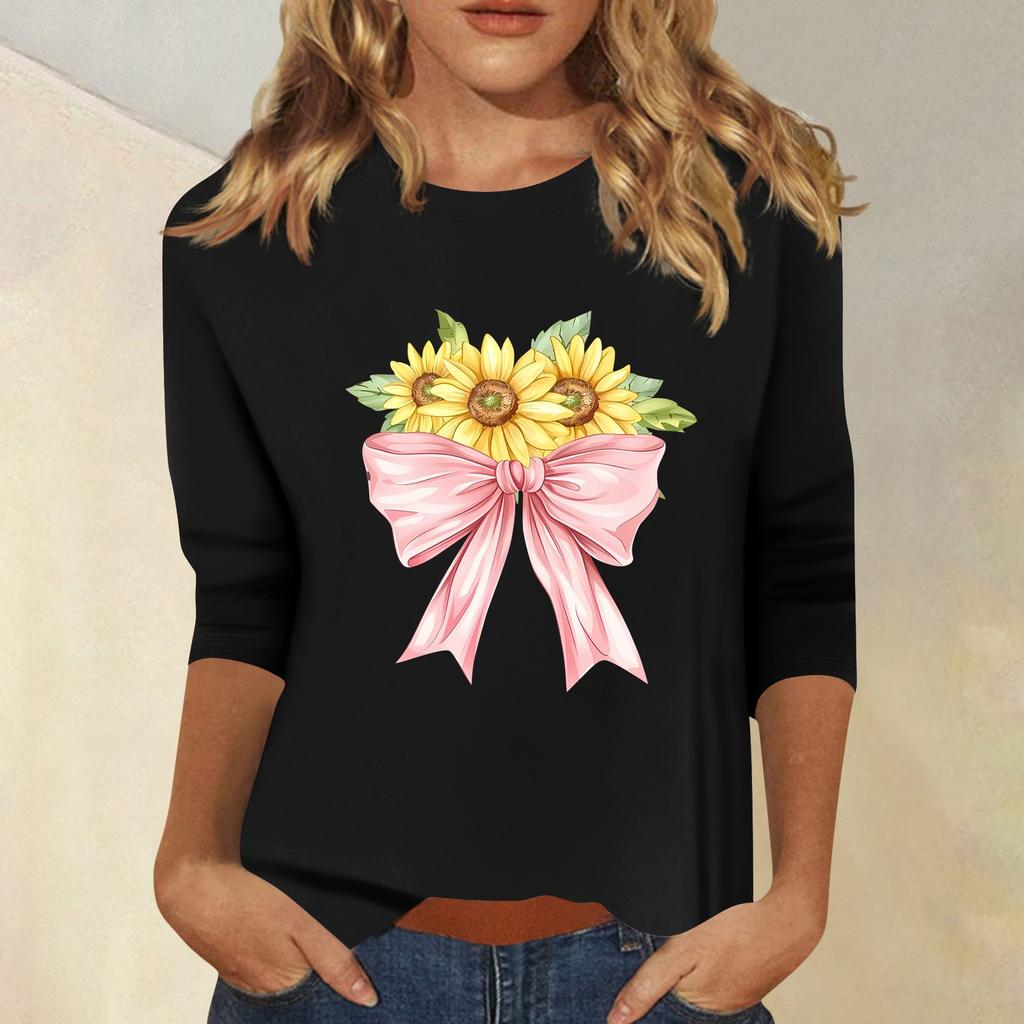 Женская мода повседневный принтованный топ с семью рукавами и круглым вырезом