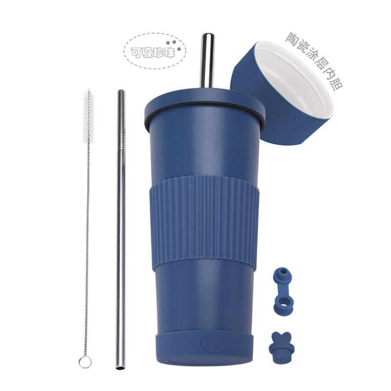 2025710Мл Кружка с соломинкой из нержавеющей стали Женская керамическая подкладка Кружка для молочного чая Нескользящая Портативная кружка-термос с соломинкой