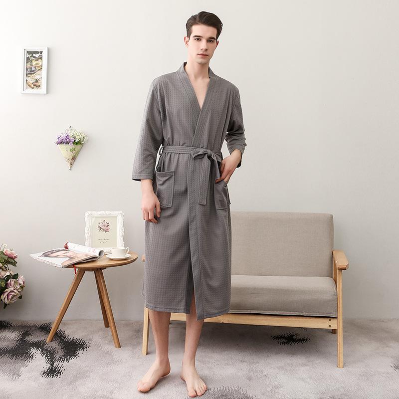 Spring-Summer Waffle Bathrobe: Unisex, Lightweight, 3/4 Sleeves, Korean Style, Absorbent