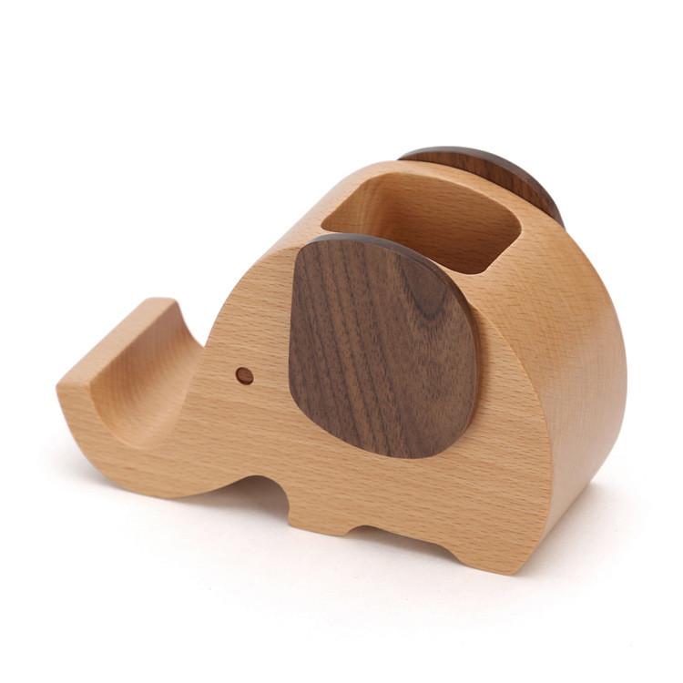 Modern Wooden Elephant Pen Holder With Phone Dock For Workspace And Bedroom