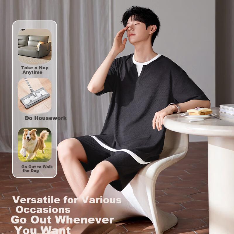 Langsha Men's Summer Short‑Sleeve Pajama Set, Pure Cotton Waffle, Mite‑Resistant Simple High‑End Plus‑Size Homewear