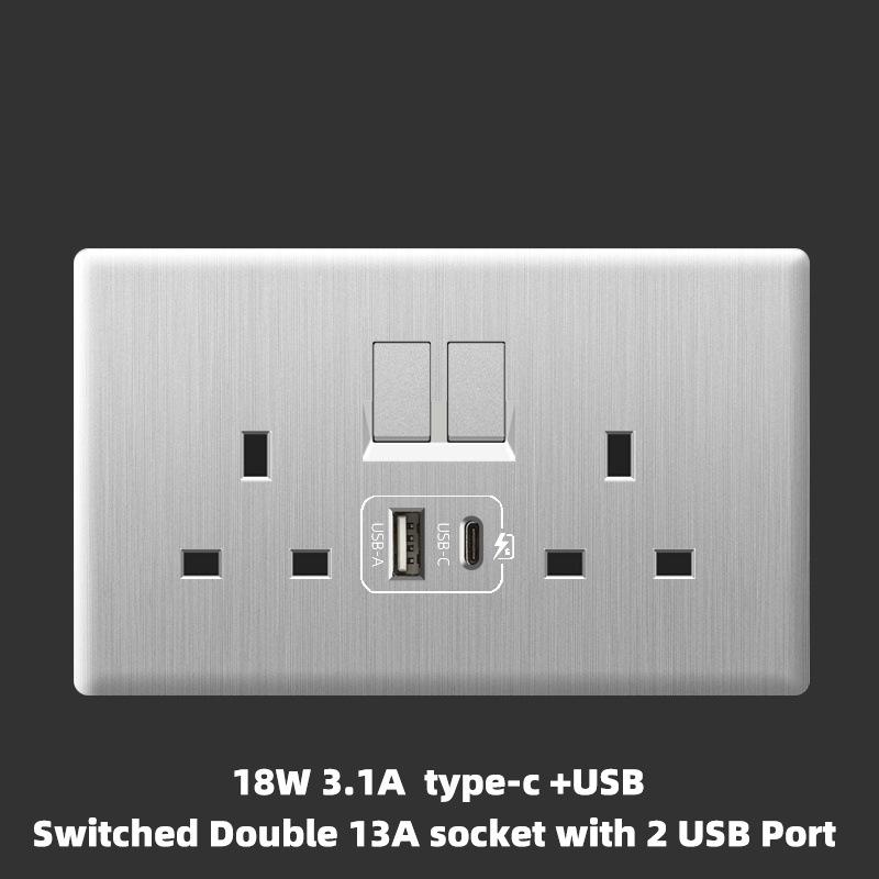 UK 13A with USB Type-c 18W Fast Charging Wall Power Socket plug,Universal Wall Light Household Switch Dual USB Electrical Outlet