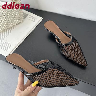 Модные женские туфли-лодочки с острым носком на низком каблуке, шлепанцы, обувь с неглубоким вырезом, модные сетчатые женские туфли-мюли на каблуке, большой размер 43