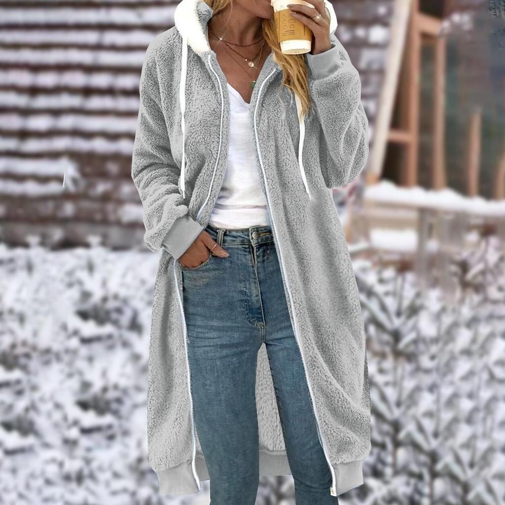 Women's Medium Length Solid Color Double-sided Plush Pocket Hooded Coat