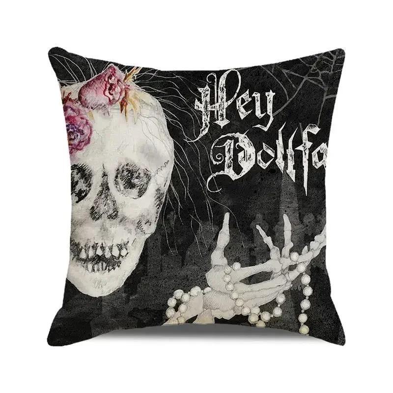 Gothic Black Cat Skull Cushion Cover Witchy Pentagram Tarot Peach Skin Throw Pillowcase For Sofa Living Room Halloween Decor