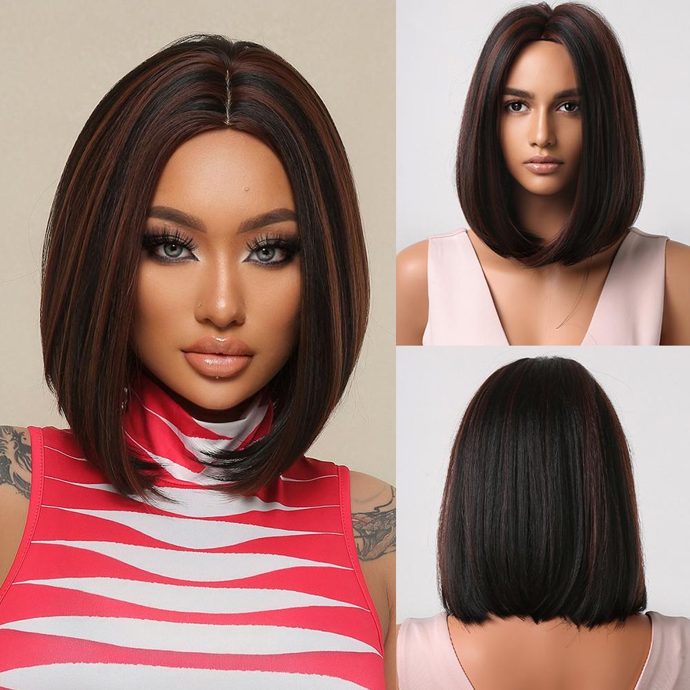 Короткие прямые синтетические парики Рыже-коричневый парик Боб с челкой для женщин Косплей Ежедневный парик из натуральных волос Термостойкое волокно