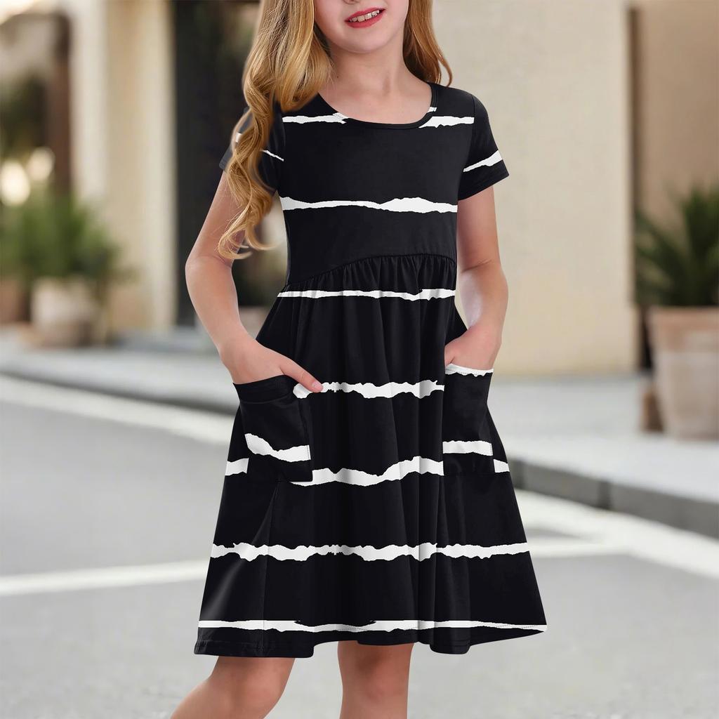 Детская юбка с круглым вырезом и коротким рукавом, платье принцессы, модное повседневное платье с карманами для девочек