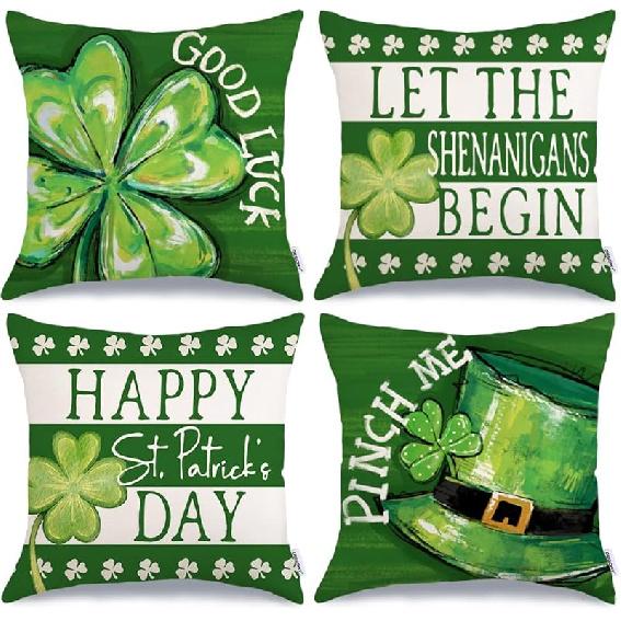 GEEORY Happy St. Patrick's Day Pillow Covers 18 x 18 Inch Set of 4, Green Shamrock Good Luck Leprechaun Hat Pinch Me Farmhouse Throw Pillowcases for