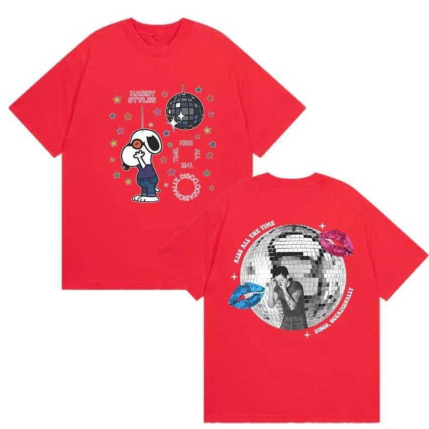 Oversized White Cotton Casual Streetwear T-Shirt with Harry Styles Fan Art, Snoopy, Disco Ball and "Kiss All The Time, Disco Occasionally"
