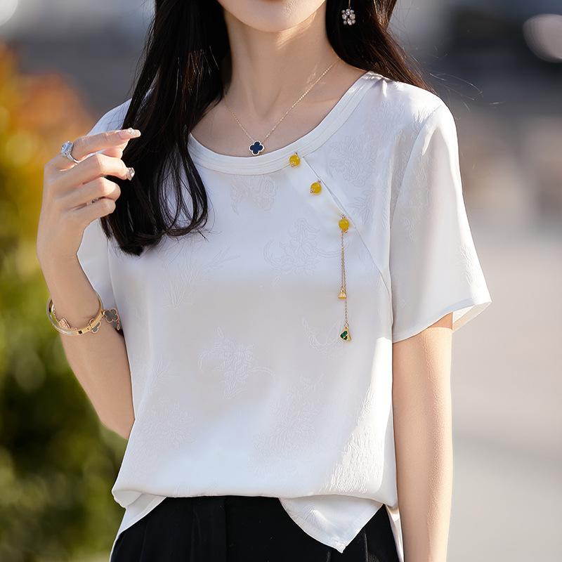 Новая женская футболка с коротким рукавом в китайском стиле для лета, с круглым вырезом, из атласного жаккарда, топ, облегающая футболка
