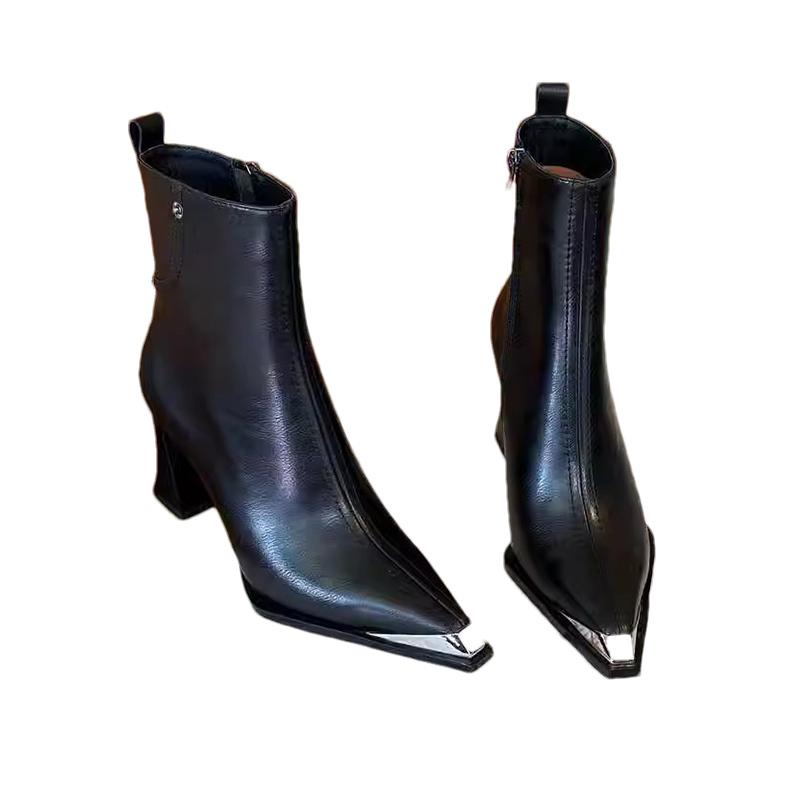 Кожаные массивные женские ботильоны с острым носком на высоком каблуке, сексуальная обувь 2025 года, модные новые туфли-лодочки, зимние туфли-челси Botas De Mujer