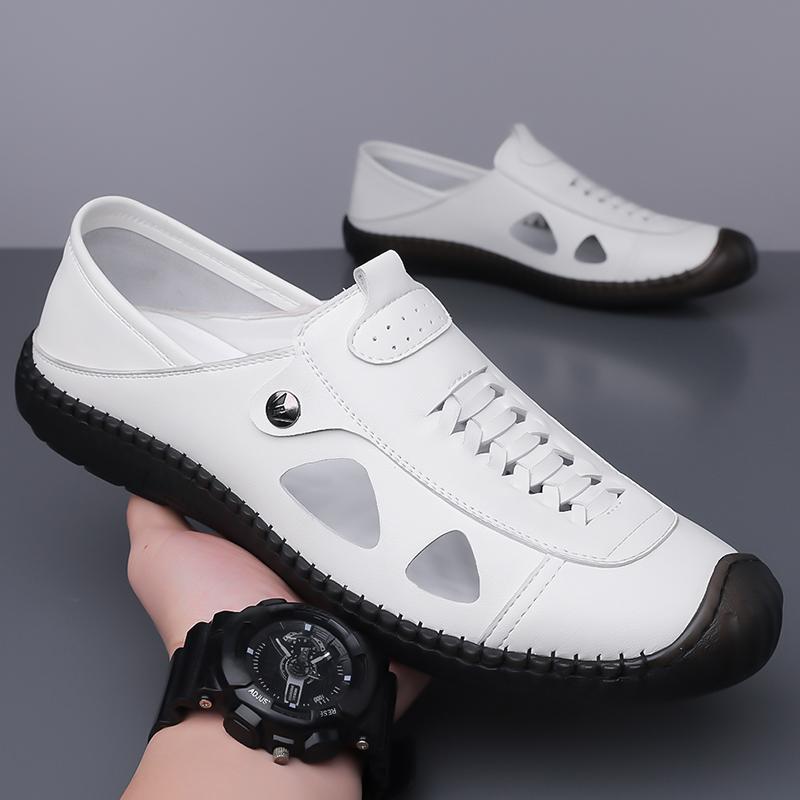 Fashion Breathable Handmade Hollow Out Leather Men Loafers Shoes Slip On Leather Outdoor Men Flats Sandals Daily Commute Casual Sandals