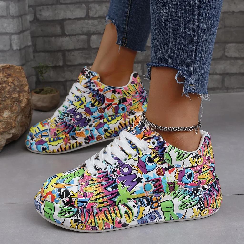 Women Fashion Thick Sole Casual Shoes  New Trendy Graffiti Single Shoes Anti Slip Wear-resistant Soft Sole Flat Sports Shoes